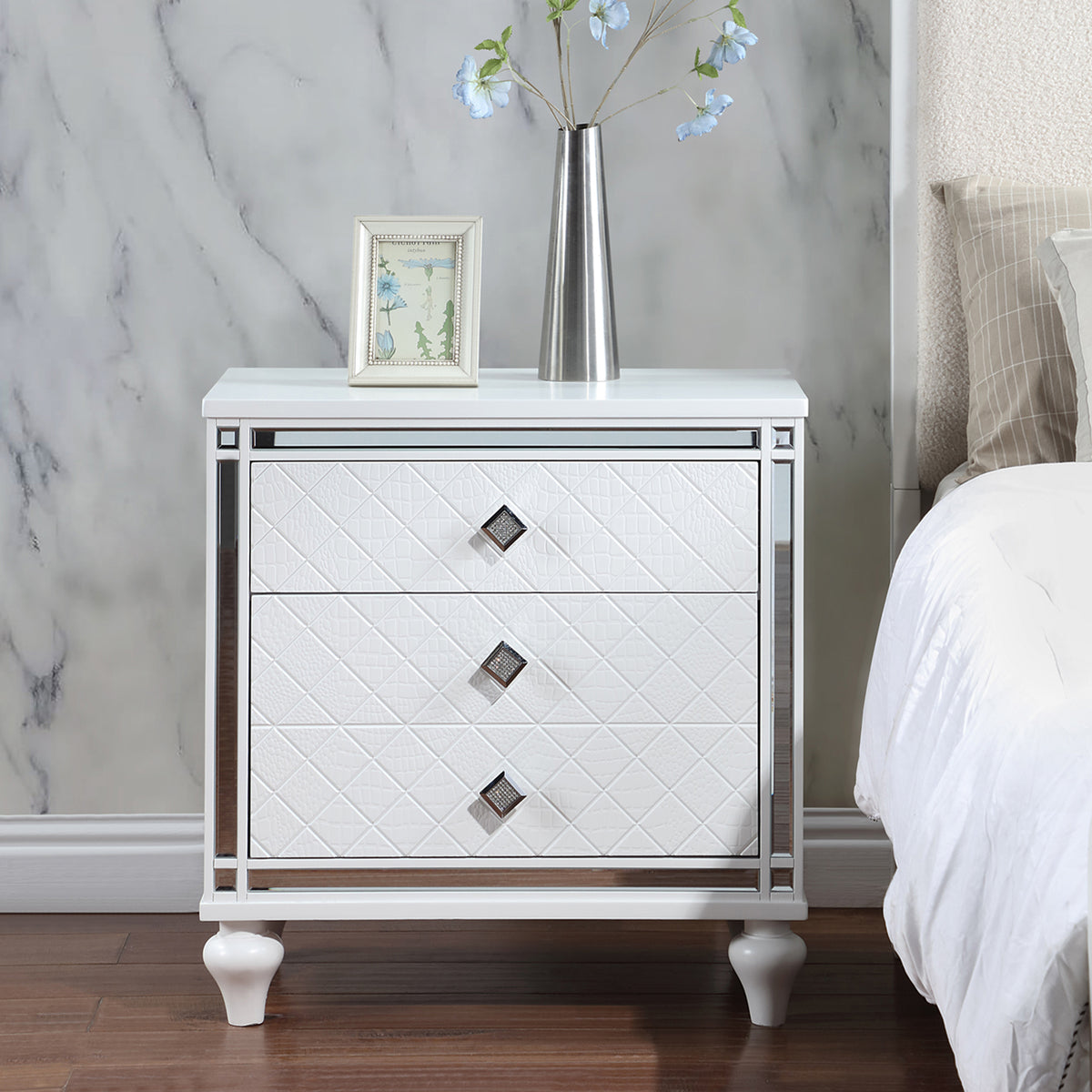 Contemporary Nightstands with mirror frame accents, Bedside Table with two drawers and one hidden drawer, End Table with Crystal Pull for Living Room,Bedroom, White W1998131730-djyc