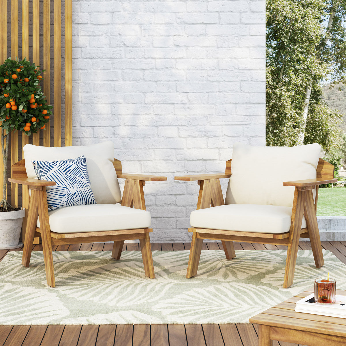 Outdoor Acacia Wood Club Chairs with Cushions (Set of 2), Teak Finish+ Beige, 30.75' W x 30.25' D x 26.00' H 70856.00BGE-djyc