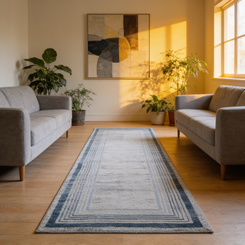 MARFI Collection 2X8 Blue / Ivory / Bordered Runner Rug-B189P183527 - 场景图
