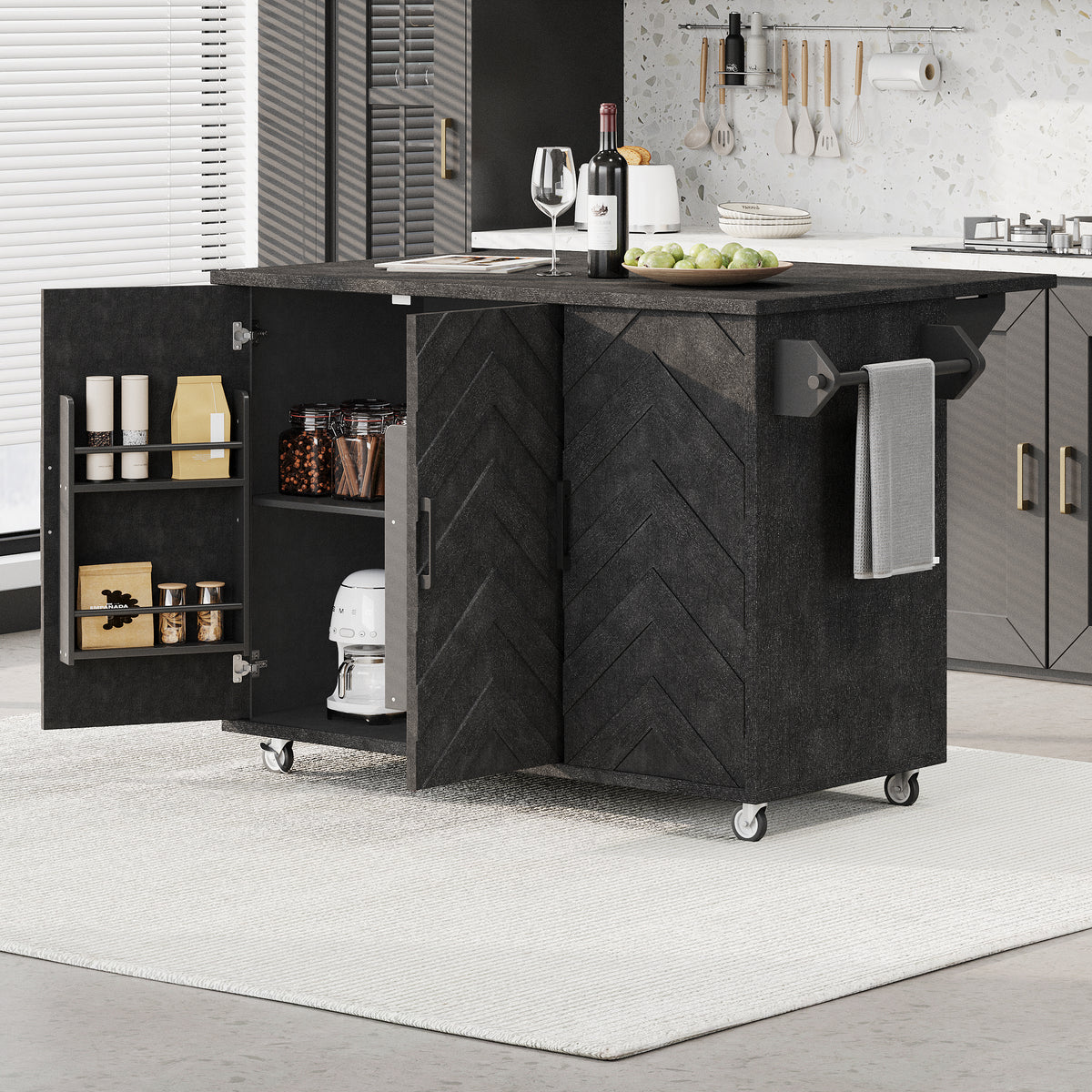 K&K 51.2"W 3D Wave Stripes Ash Veneer (Not Cheap Paper) Kitchen Island with Drop Leaf, Farmhouse Kitchen Island on Wheels with Internal Storage Rack, Rolling Kitchen Cart(Black) N707P207915B-djyc