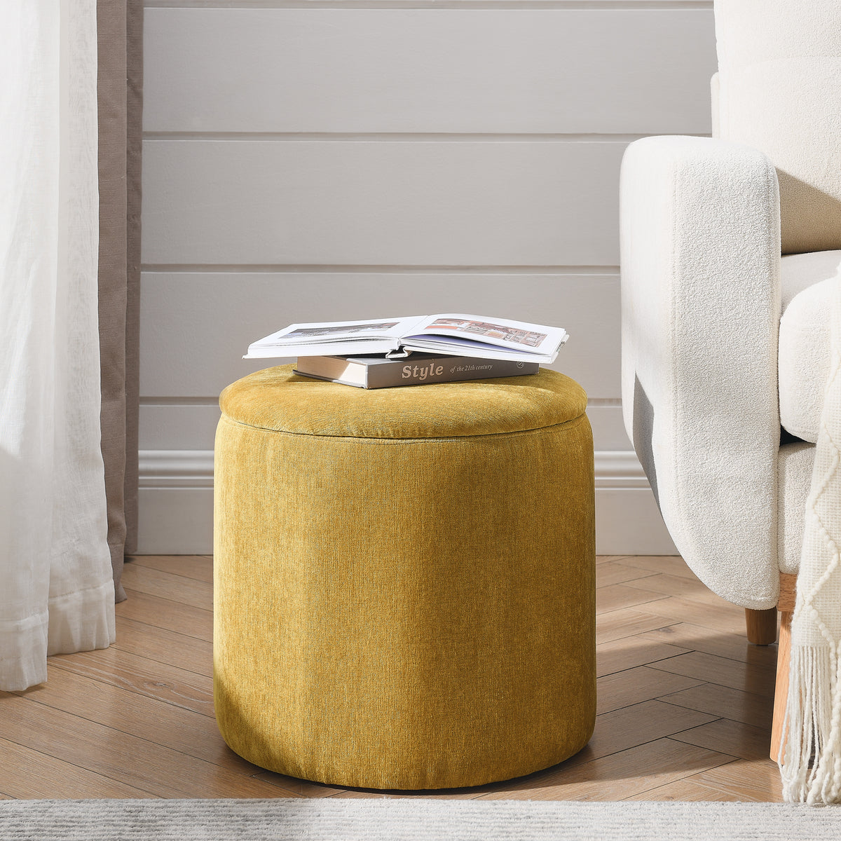 2-Piece Set Round Chenille Storage Ottoman, Equipped with a Drum Shaped Small Stool, Storage Space, and MDF Made Desktop Panel (Dark Yellow 23.62"x23.62"x16.53") W487P179602-djyc