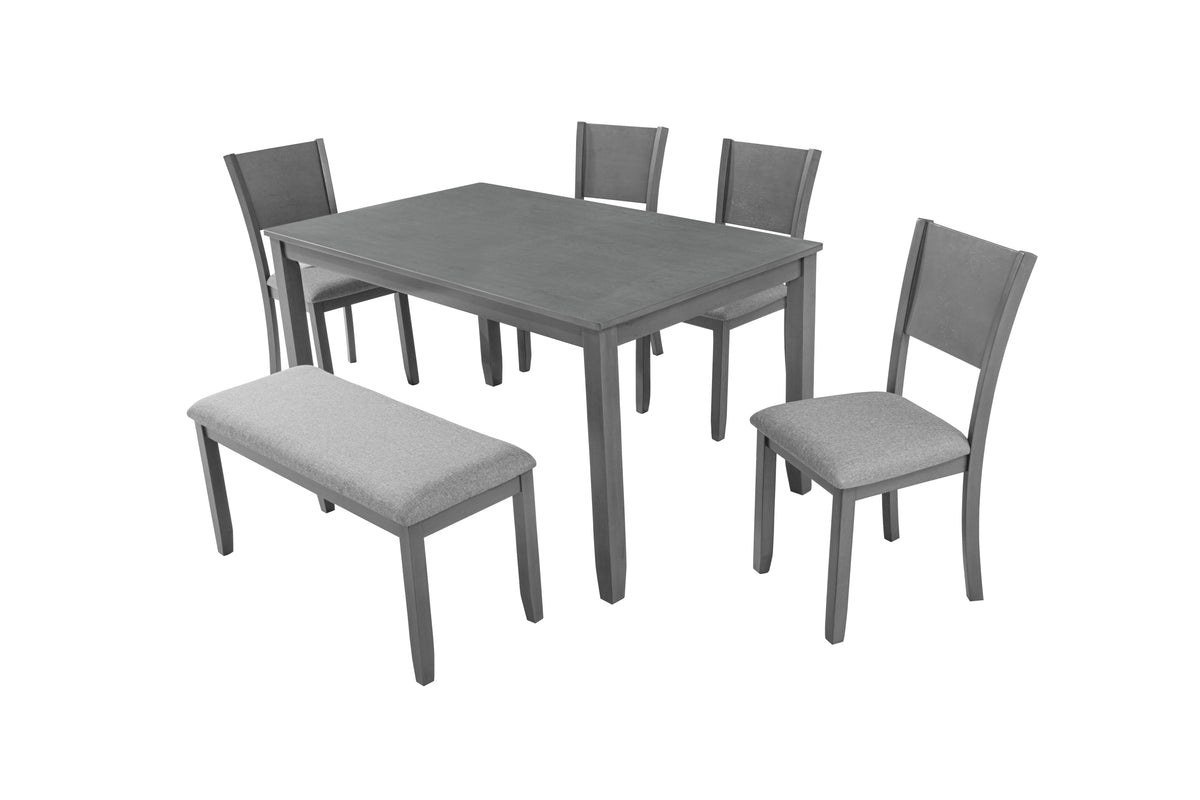 6 Piece Kitchen Dining Set, Rectangular Wooden Dining Table with 4 Upholstered Chairs and a Bench, Dining Table Set for 6 People, Living Room, Home Bar and Kitchen, Gray W1998S00054-djyc