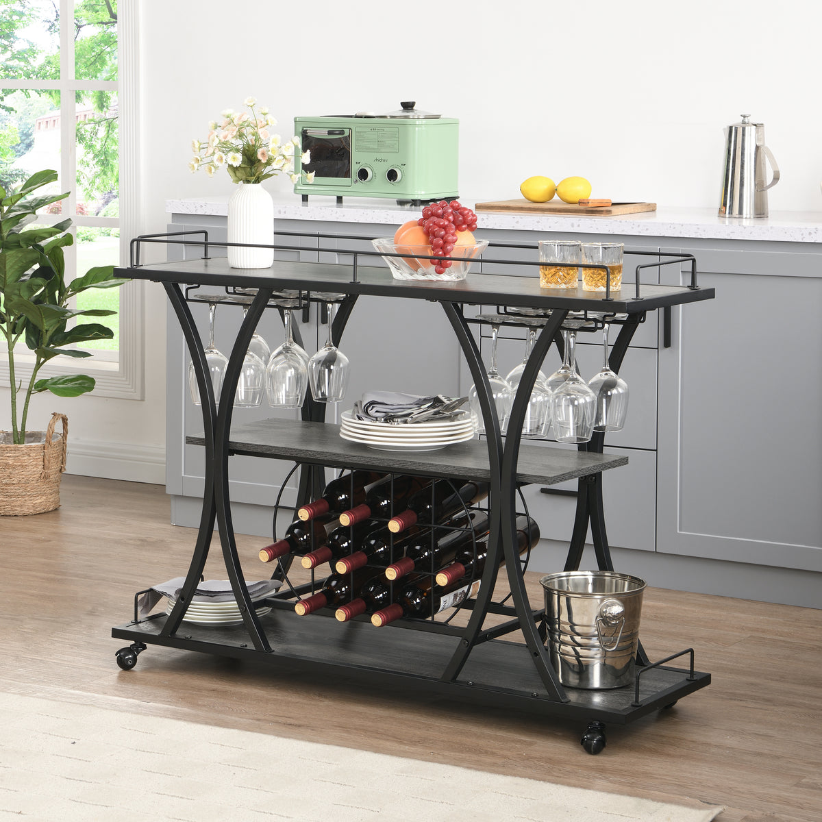 Industrial Bar Cart Kitchen Bar&Serving Cart for Home with Wheels 3 -Tier Storage Shelves W82151001-djyc