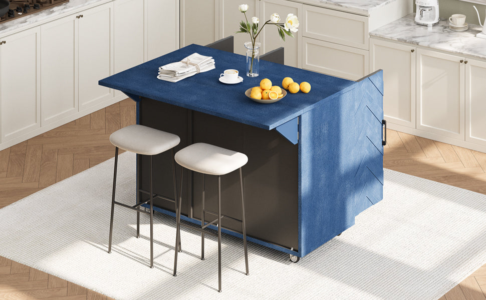 K&K 51.2"W 3D Wave Stripes Ash Veneer(Not Cheap Paper) Kitchen Island with Drop Leaf, Farmhouse Kitchen Island on Wheels with Internal Storage Rack, Rolling Kitchen Cart (Navy Blue) N707P207915E-djyc