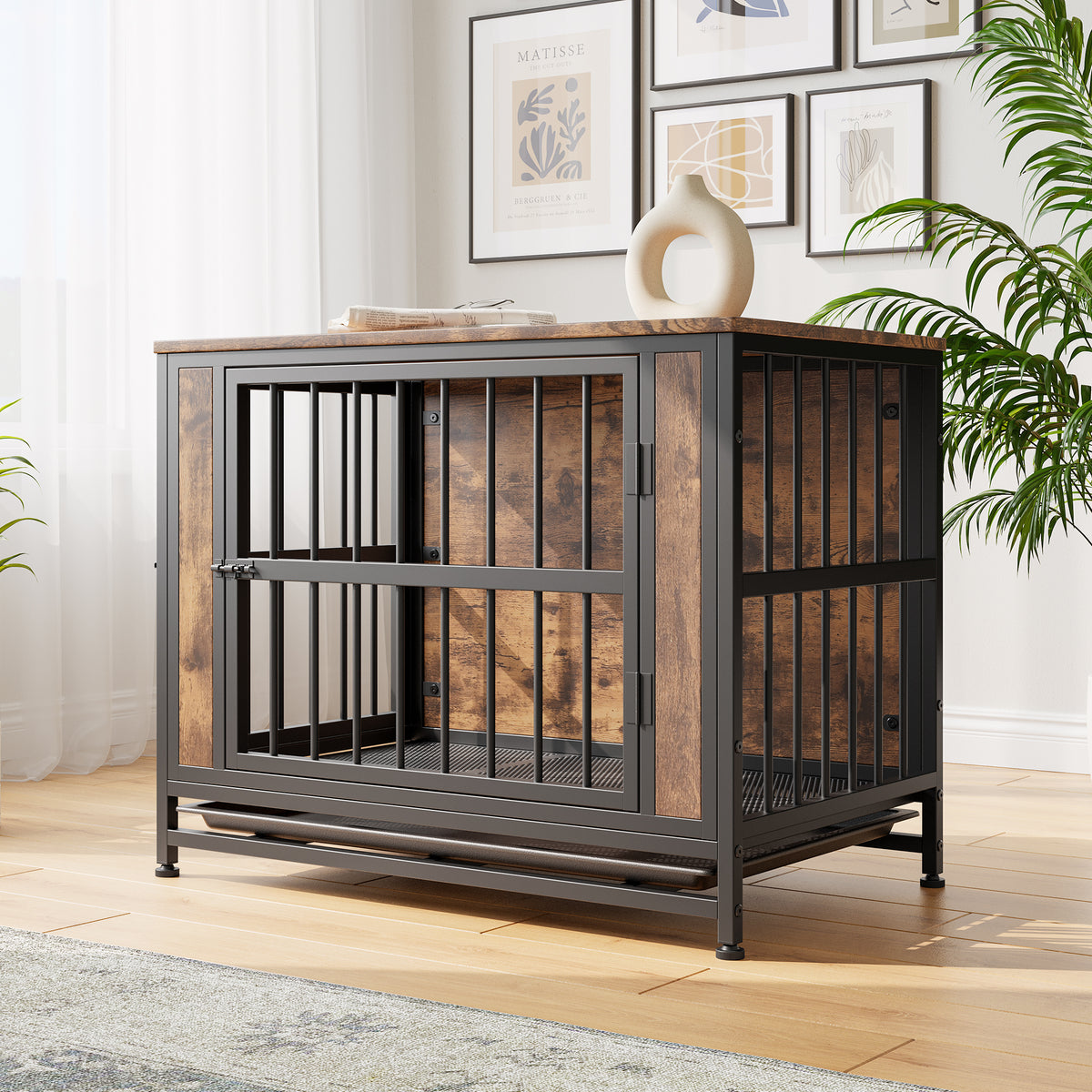 Dog Crate Furniture,Wooden Dog Crate Table, 32.8" Dog Kennel with 2 Sliding Doors and Thick Iron Door Frame, Decorative Pet Crate House for Medium/Small Dog Indoor Use(Rustic Brown) W840P203066-djyc