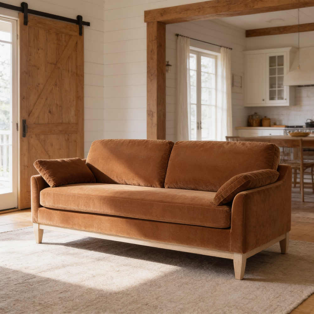 Pasadena 75.5' Modern Farmhouse Sofa, Burnt Orange Performance Velvet-B2719P479036 - 场景图