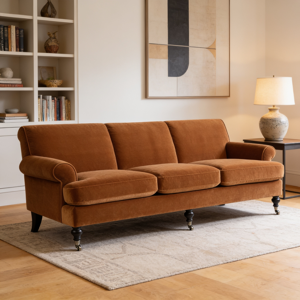 Alana Lawson Three-Cushion Tight Back Sofa, Burnt Orange Performance Velvet-B2719P479037 - 场景图