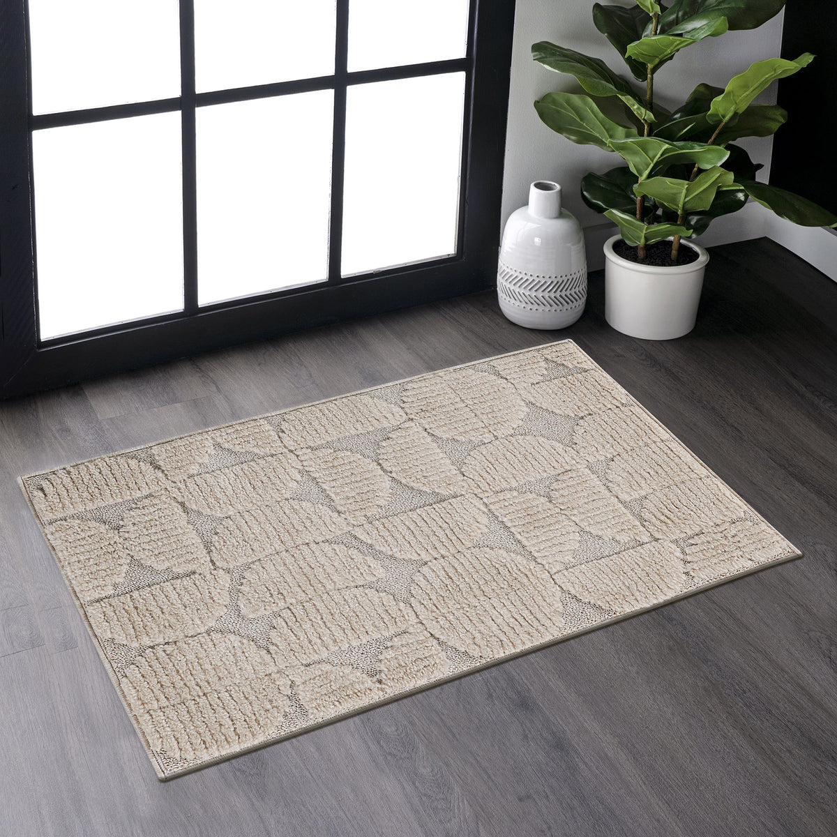 Step Collection High-Low Beige Indoor Area Rug, 2'x3', Modern, Contemporary, Geometric, Bohemian, Bedroom, Kitchen, Living Room, Doormat, Non Shedding Carpet-B189P448797