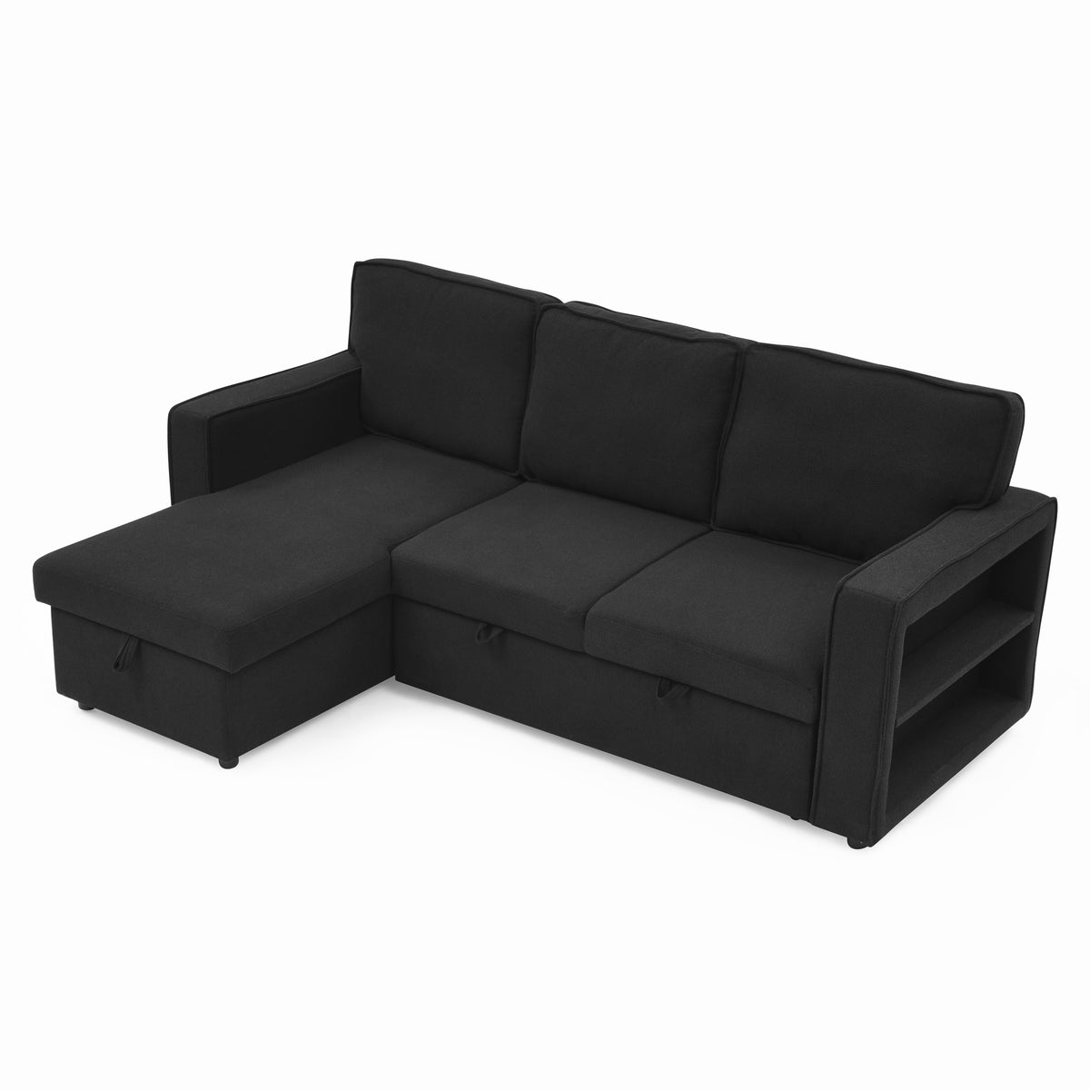 Linen Upholstered Sleeper Sectional Sofa, Shaped Modular Convertible Sofa with Storage Chaise,There are two cup holders in the middle and USB multi-interface function,Pull Out Sleep Couch Bed ,Black W487S00246-djyc