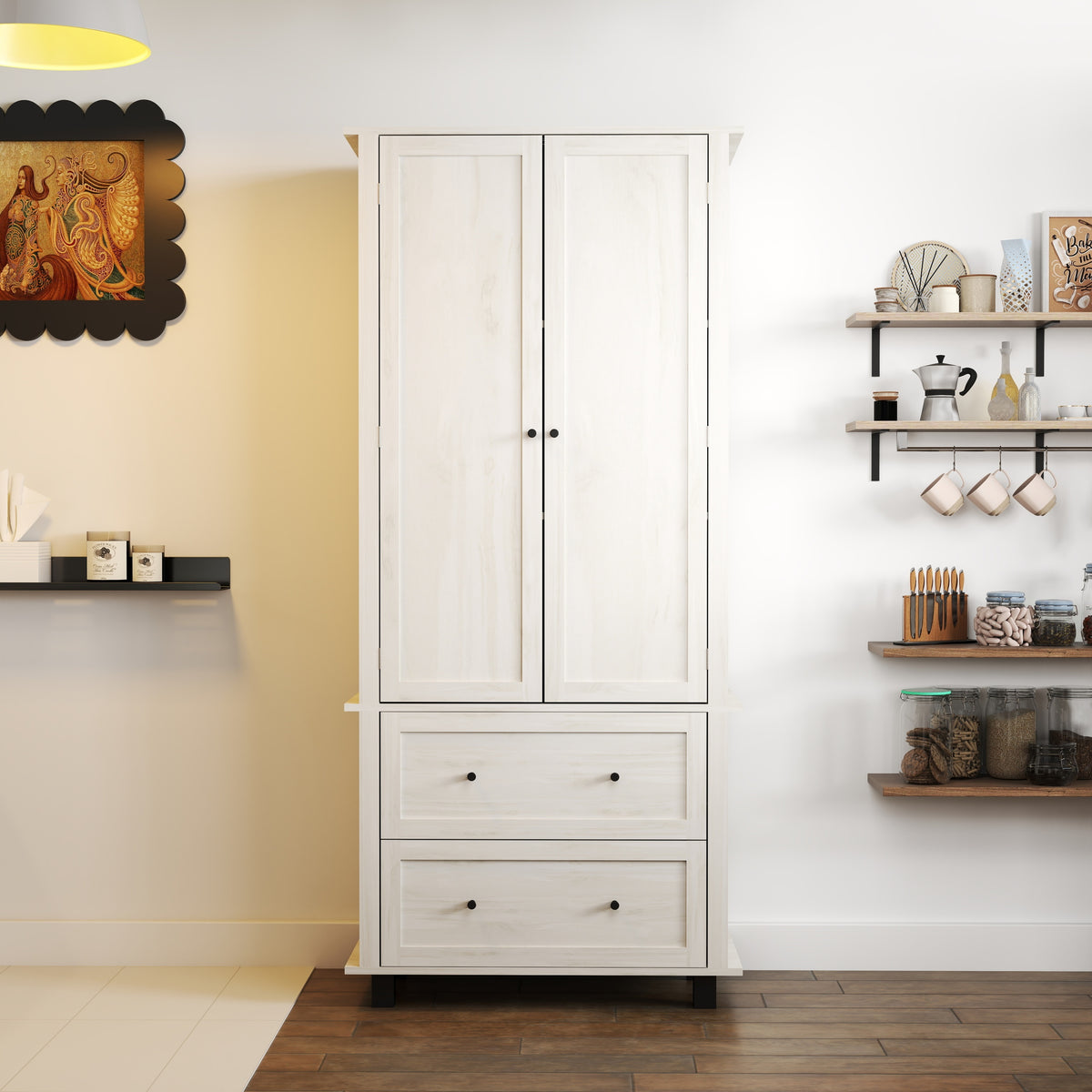 70" Tall Kitchen Pantry Storage Cabinet with 2 Drawers and 3 Shelves, Minimalist Wood Large Storage Cabinet for Kitchen, Dining Room, Living Room, Bathroom (Antique White) W2557P167887-djyc