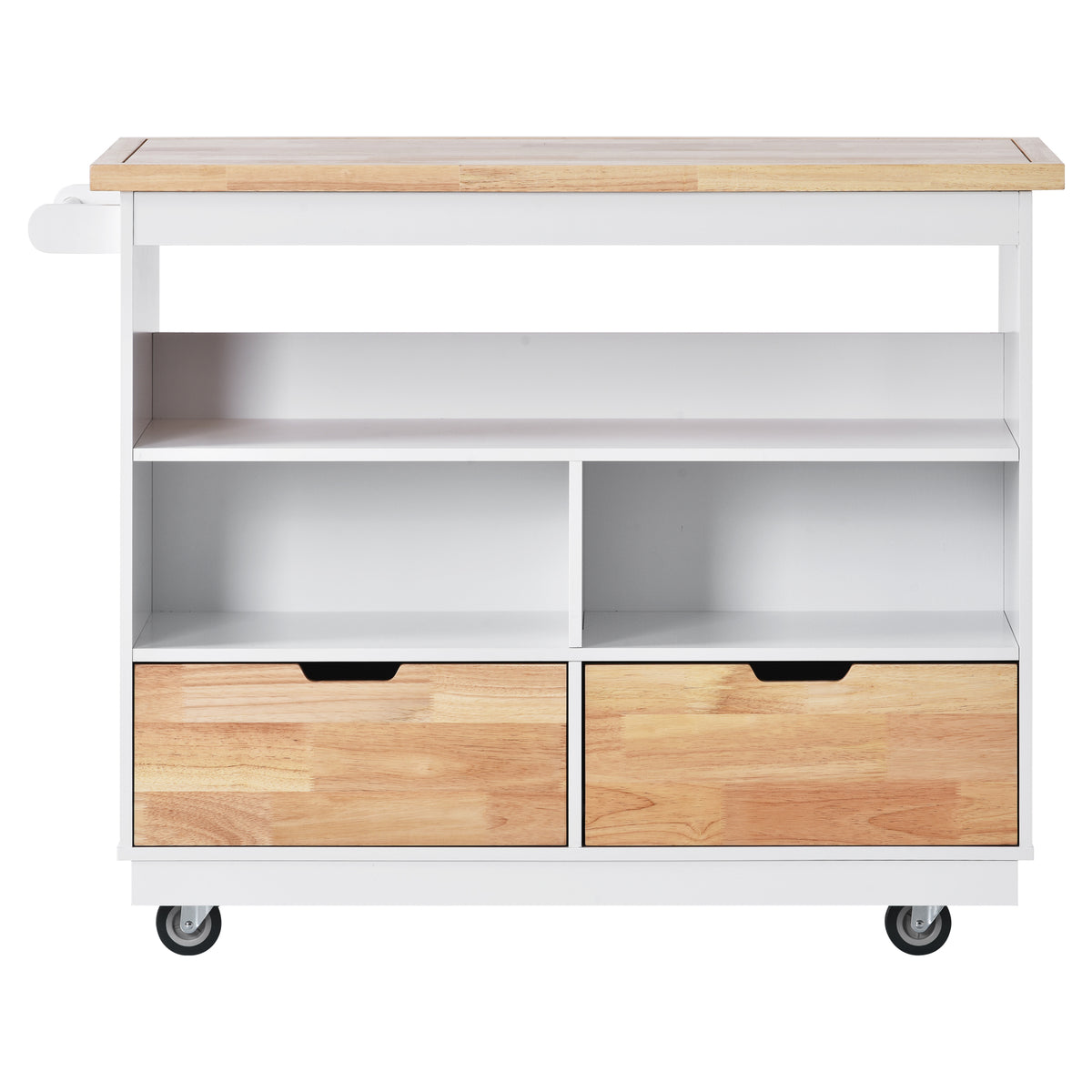 Rolling Kitchen Island with Storage, Two-sided Kitchen island Cart on Wheels with RubberWood Top,Wine and Spice Rack, Large Kitchen Cart with 2 Drawers, 3 Open Compartments, White WF318964AAW-djyc