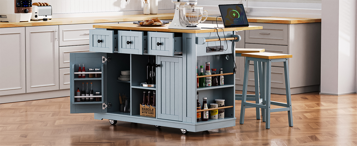 K&K 53inch Large Kitchen Island with Drop Leaf,Power Outlet,Door Internal Storage Rack,Rolling Kitchen Cart on 5 Wheels with 5 Open Side Racks for Kitchen,Dining Room,Grey Blue(Not include bar stools) N707P185531G-djyc