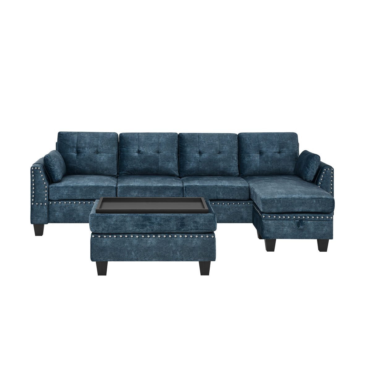 Sectional 3-Seaters Sofa ,Double-sided multi-functional footstool, storage mat , Non-slip leg, two pillows, Velvet,Navy blue W487S00239-djyc