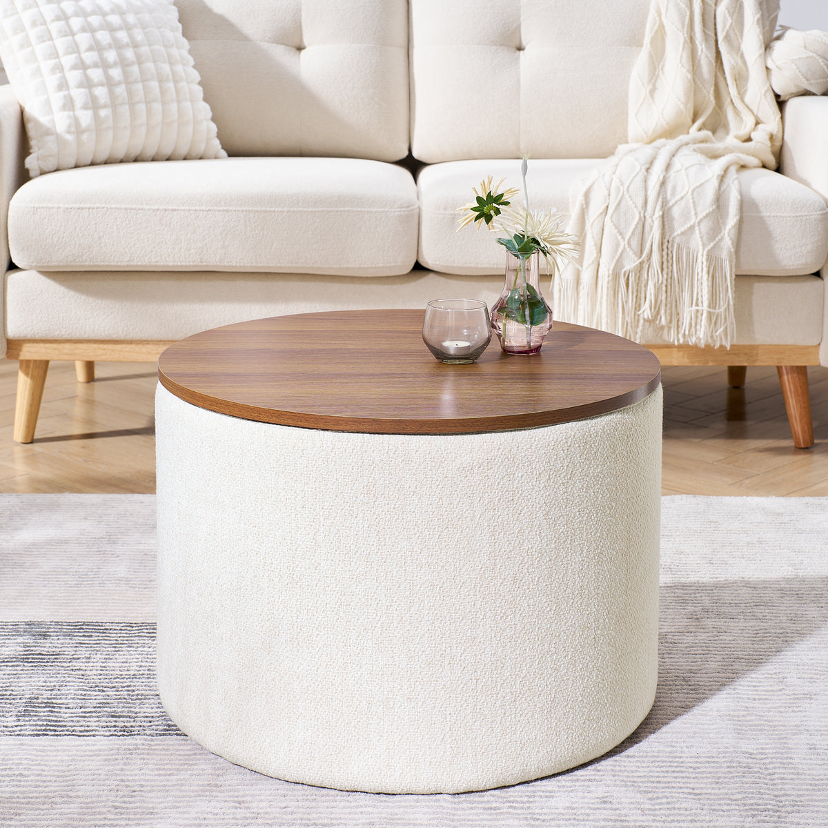 2-Piece Set Round Chenille Storage Ottoman, Equipped with a Drum Shaped Small Stool, Storage Space, and MDF Made Desktop Panel (Beige 23.62"x23.62"x16.53") W487P179601-djyc