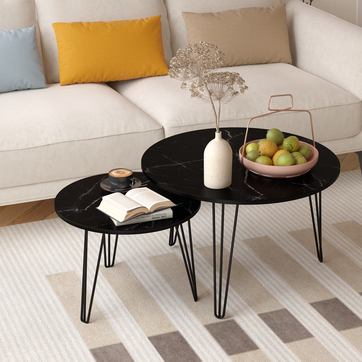 27.56'' Round Nesting Coffee Table Set of 2, Circular Nesting End Table Set, Round Marble Tabletop, and Sturdy Metal Base for Living Room, bedroom, Black W808P176733-djyc