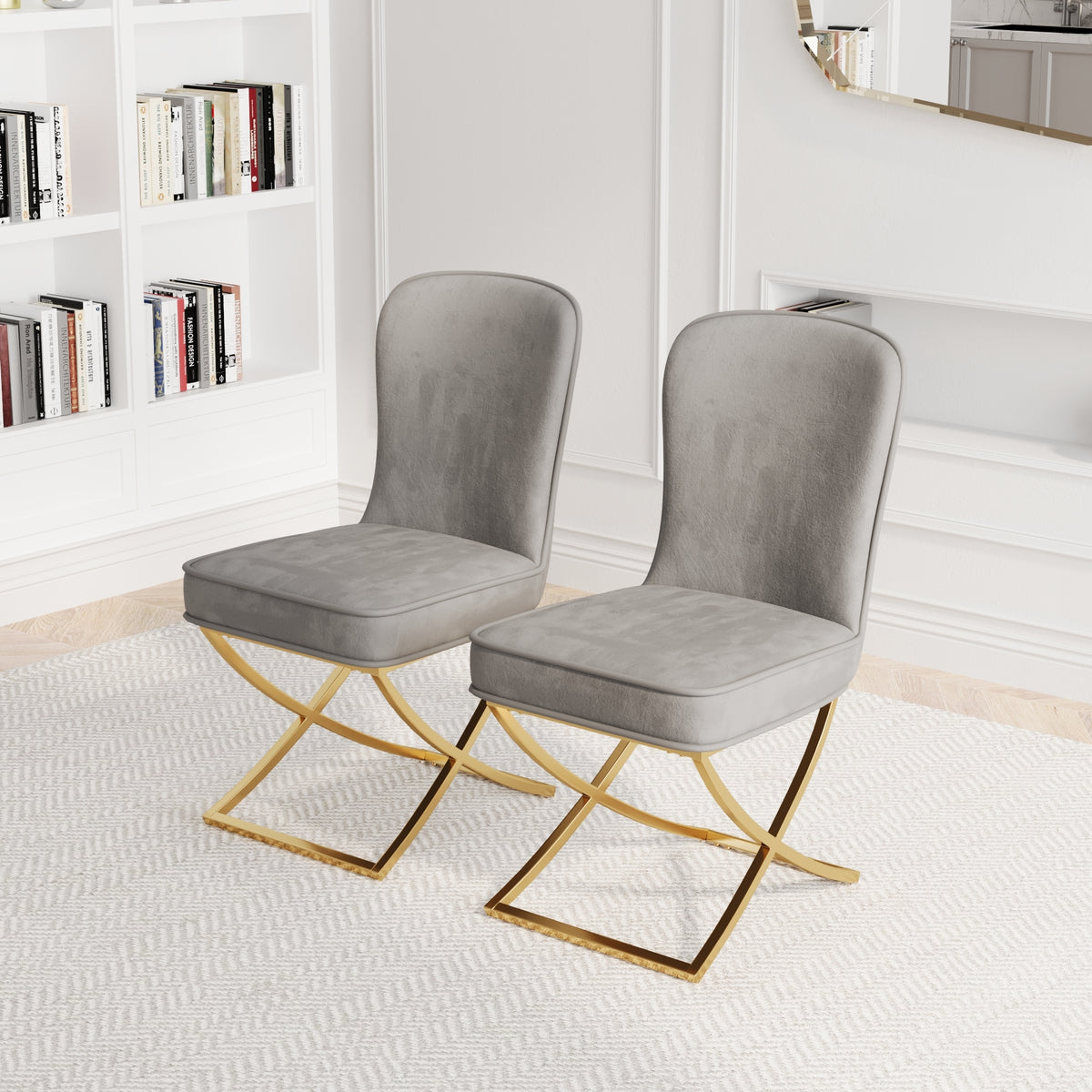 Dining Chair Set of 2, grey velvet Backrest and golden Metal legs.For Modern Kitchen Dining Room Chair for Kitchen Living Modern decorative Leisure chairs Office chairs W1727P195279-djyc