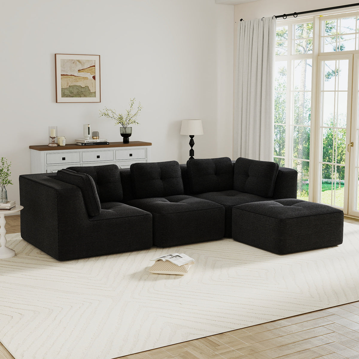 Modern Modular Sectional Sofa for Living Room, Corduroy Fabric,3-Seater Couch with Deep Seat and Movable Ottoman,Pearl-like piping, Tufted Design, No Assembly, Anti-slip Design, Black-W714S01790