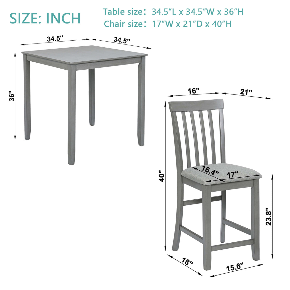 5 Piece Dining Table Set, Wooden Dining Square Table Set for 4, Counter Height Kitchen Table Set with Square Table and 4 Upholstered Chairs for Small Space, Gray W1998S00030-djyc