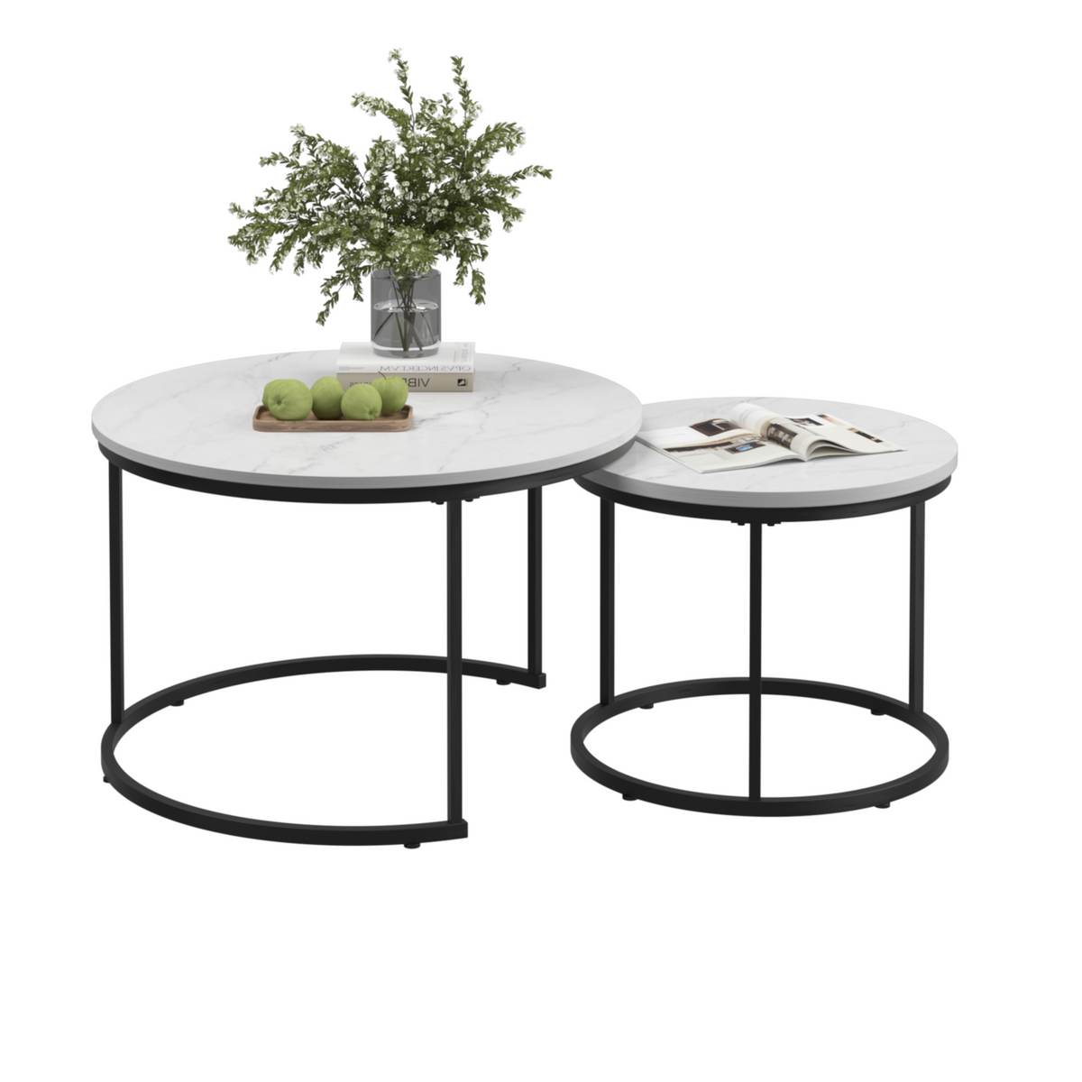 Nesting Coffee Table Set of 2, 27.6inch Round Coffee Table Wood Marble Pattern Top with Sturdy Metal Frame, End Table Side Tables for Living Room Bedroom Balcony Yard (White) W808P176725-djyc