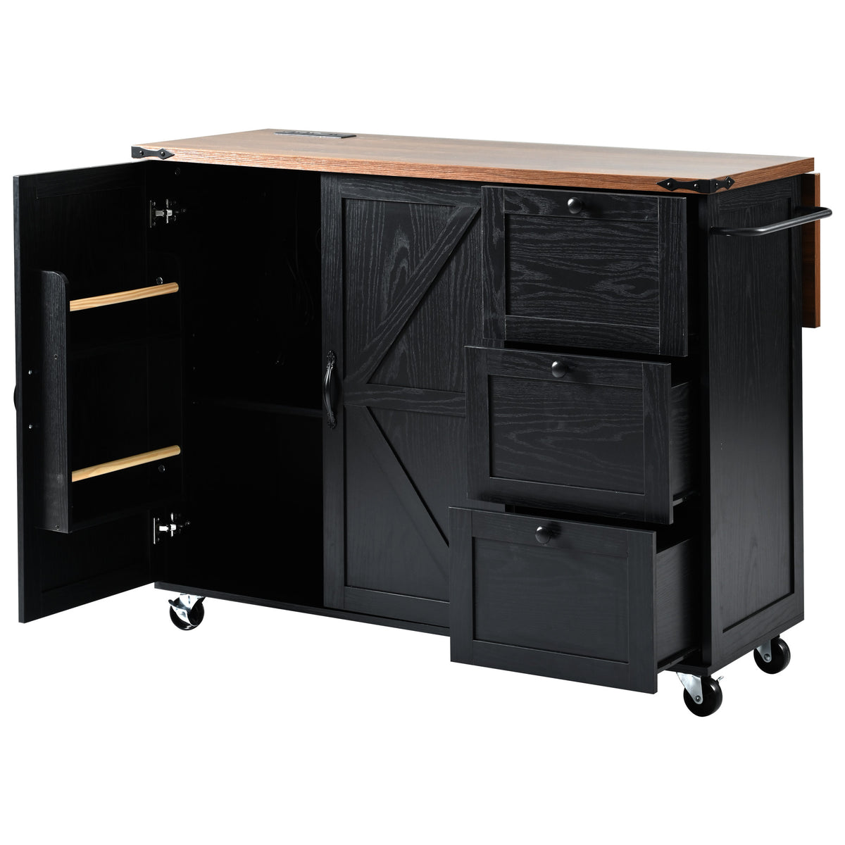 K&K 54.5" Farmhouse Kitchen Island with Power Outlet, Kitchen Storage Islandwith Internal Storage Rack, Drop Leaf, Spice Rack, Rolling Kitchen Cart on Wheels, for Home, Kitchen and Dining Room,Black N707P170349B-djyc