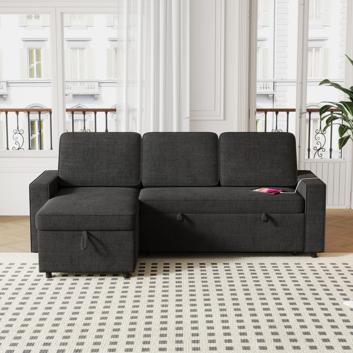 85.8" Pull Out Sleeper Sofa L-Shaped Couch Convertible Sofa Bed with Storage Chaise And Storage Racks,With USB Port And T-pyce Port W834S00265-djyc