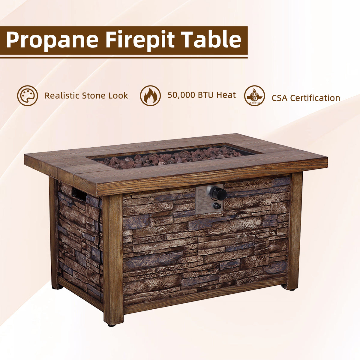 Best Choice Product 50,000 BTU Rectangle Fire Pit Table, Faux Woodgrain Top And Faux Stone Texture Base Propane Gas Fire Table For Outdoor W2029120115-djyc