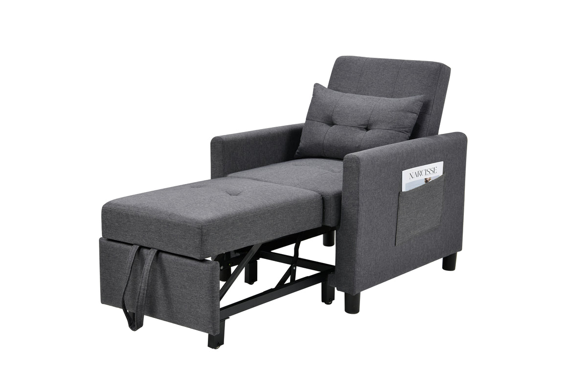 3-in-1 Convertible Futon Sofa Bed with Adjustable Backrest, Single Sofa Bed with Pull Out Sleeper, Convertible Futon Chair for Living Room, Side Bag and 1 Lumbar Pillow,Dark Gray W1998121160-djyc