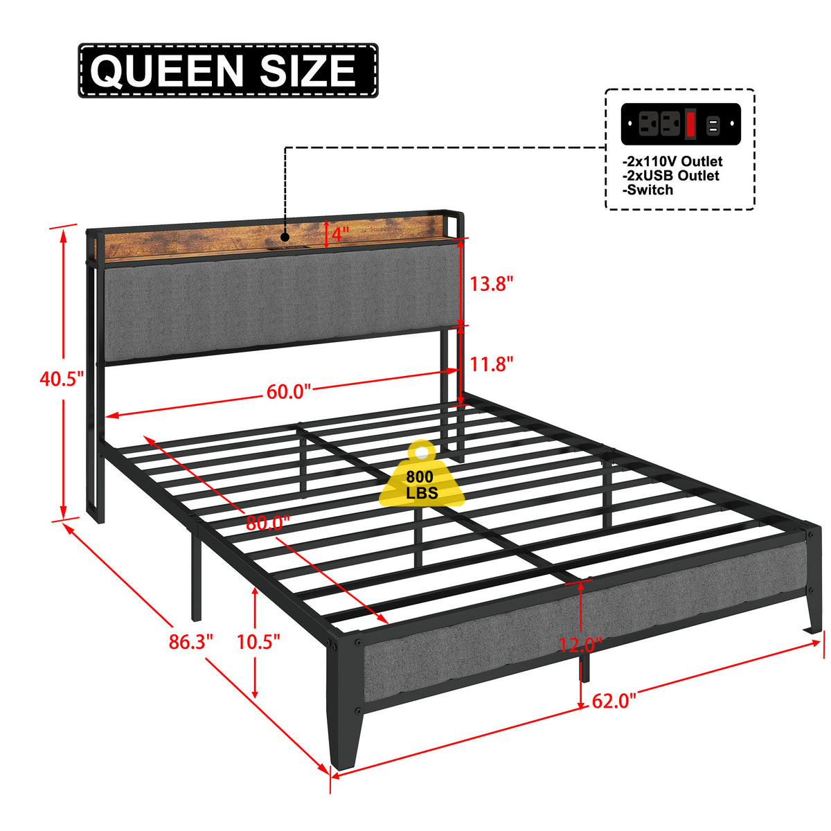 Queen Size Bed Frame with Charging Station, Upholstered Headboard, Metal Platform, Grey W1960131346-djyc