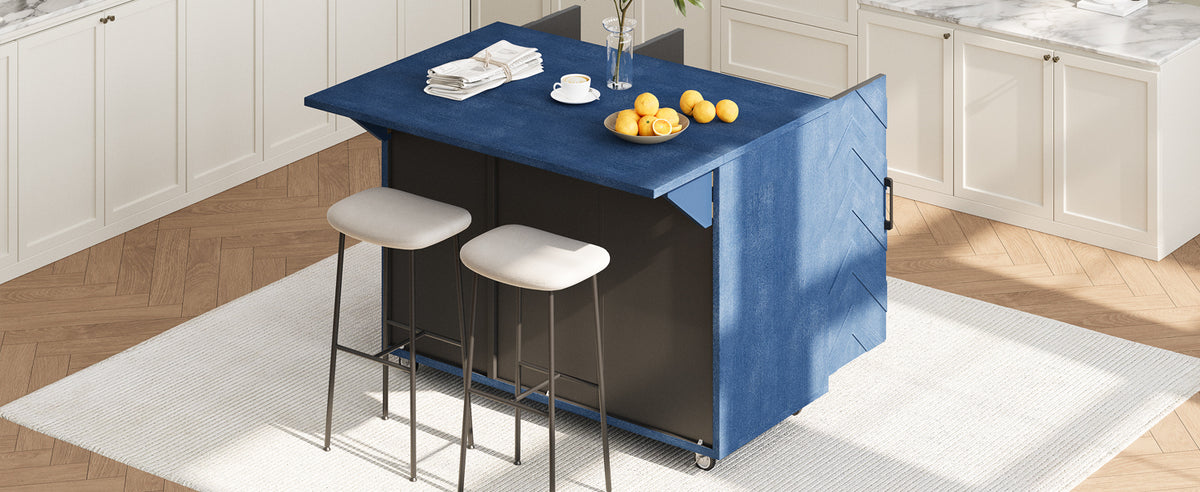 K&K 51.2"W 3D Wave Stripes Ash Veneer(Not Cheap Paper) Kitchen Island with Drop Leaf, Farmhouse Kitchen Island on Wheels with Internal Storage Rack, Rolling Kitchen Cart (Navy Blue) N707P207915E-djyc