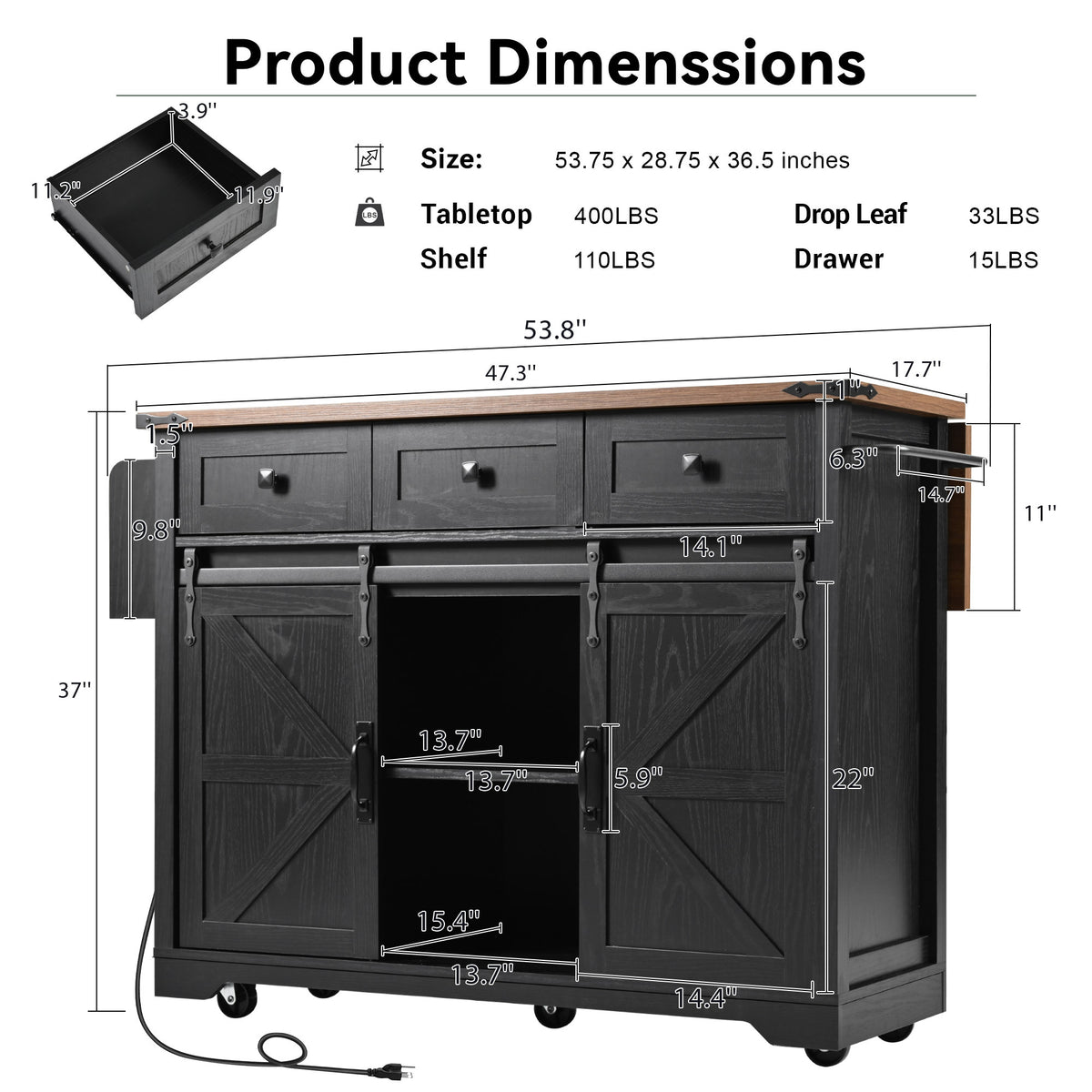 K&K 53.7" Farmhouse Kitchen Island with Power Outlet, 2 Sliding Barn Door Kitchen Storage Island with Drop Leaf, Spice Rack Rolling Kitchen Cart on Wheels, for Home, Kitchen and Dining Room, Black N707P170347B-djyc