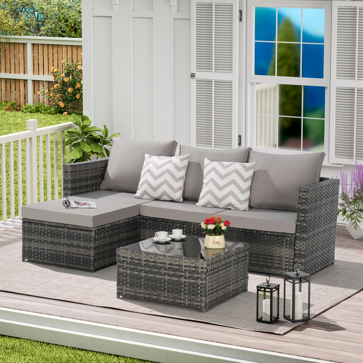 2 Pieces Patio Furniture Set,Outdoor Woven Sectional L- Shaped Patio Furniture ,Wicker Conversation Set with Ottoman, Detachable Lounger Table for Backyard Poolside W874P264736-djyc