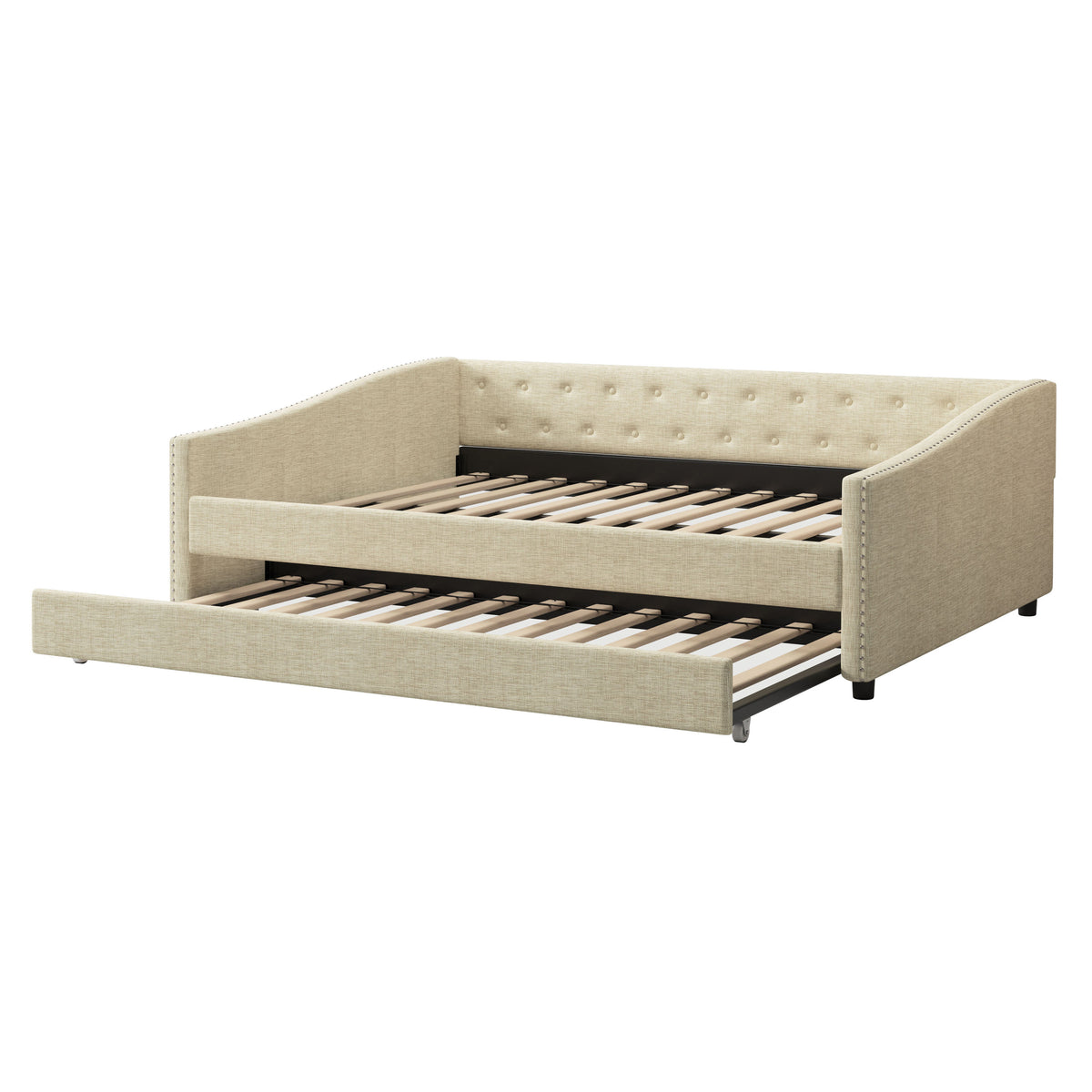 Full Size Daybed with Twin Size Trundle Upholstered Tufted Sofa Bed, with Button on Back and Copper Nail on Waved Shape Arms-Beige W2336S00011-djyc