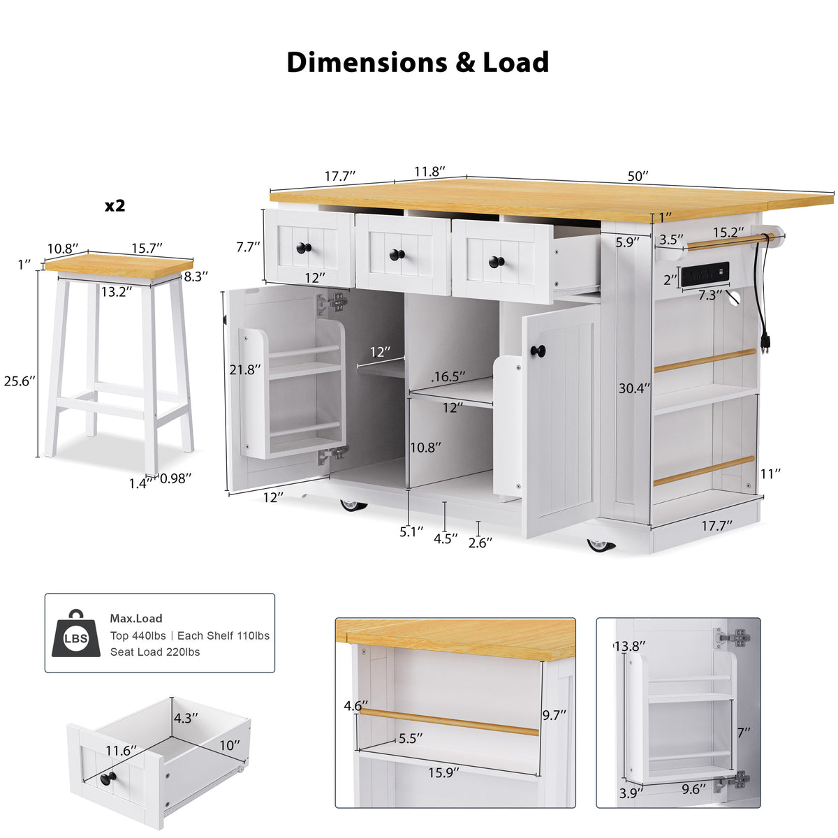 K&K 53inch Large Kitchen Island with 2 Bar Stools, Power Outlet,Door Internal Storage Rack, Kitchen Storage Cart on 5 Wheels with Drop Leaf, 5 Open Side Racks, 3 Drawers, for Kitchen,Dining Room,White N707S000007W-djyc