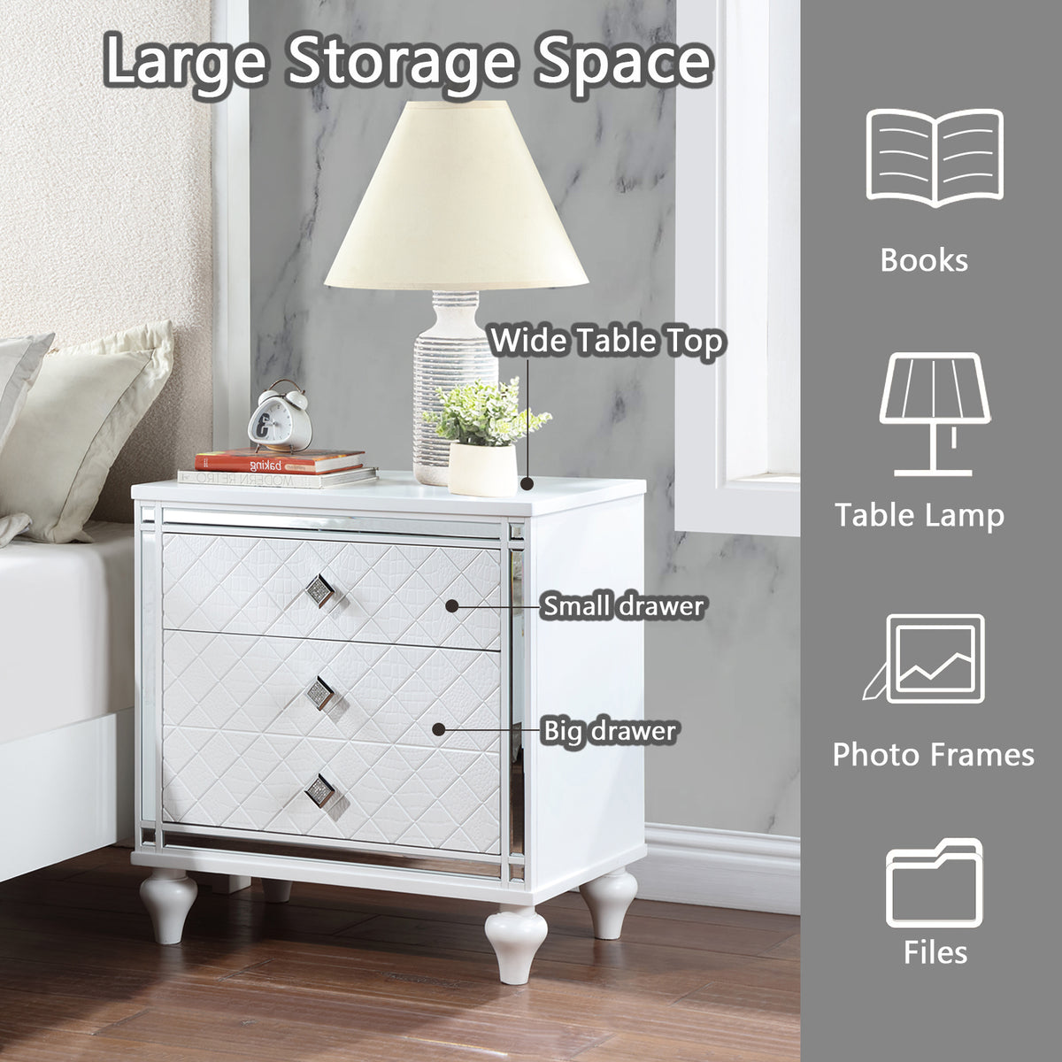 Contemporary Nightstands with mirror frame accents, Bedside Table with two drawers and one hidden drawer, End Table with Crystal Pull for Living Room,Bedroom, White W1998131730-djyc