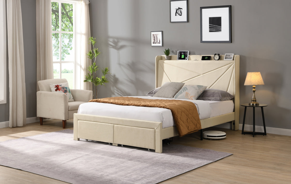 Full Size Bed Frame with 2 Storage Drawers, Upholstered Bed Frame with Wingback Headboard Storage Shelf Built-in USB Charging Stations and Strong Wood Slats Support, No Box Spring Needed, Beige W1916126256-djyc