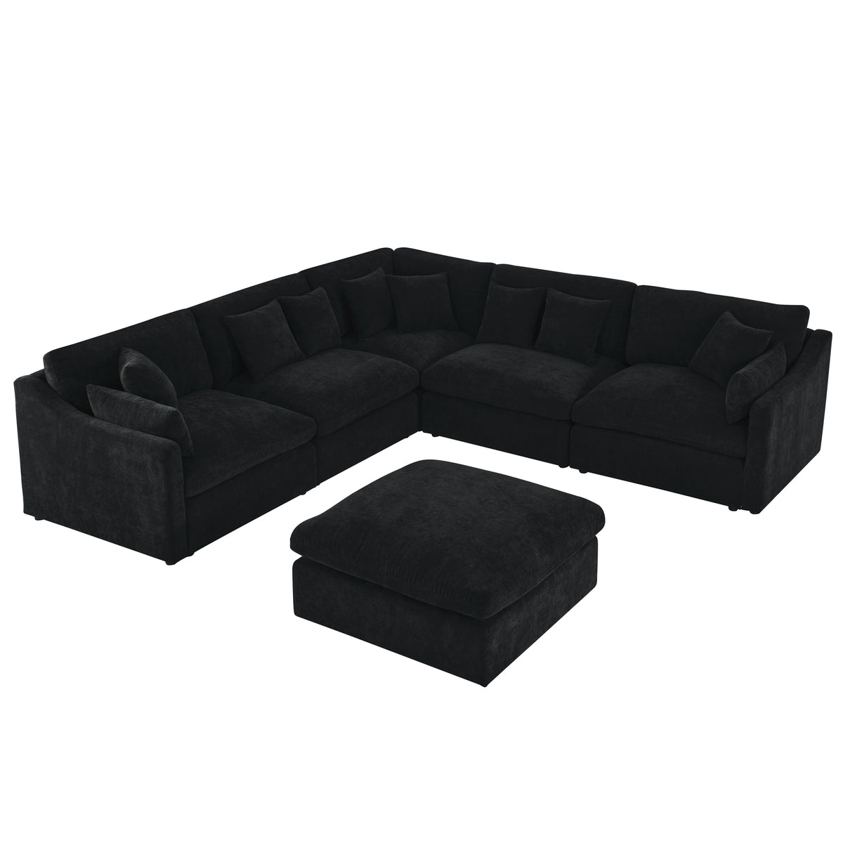 6-Seats Modular L-Shaped Sectional Sofa with Ottoman,10 Pillows, Oversized Upholstered Couch w/Removabled Down-Filled Seat Cushionfor Living Room, Chenille Black W487S00211-djyc