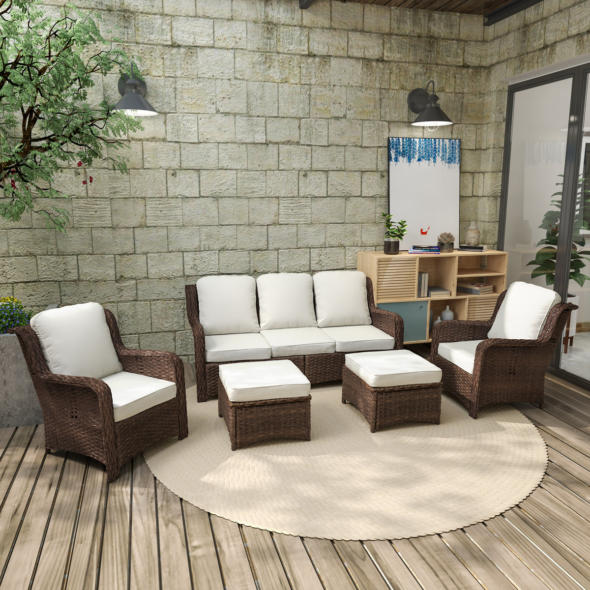 Patio Furniture Set Rattan Outdoor Sectional Conversation Sets 3-Seat Outdoor Couch,2 Single Chair and 2 Ottoman for Lawn, Balcony, Garden, Backyard (Bron-Off White, Set of 5) W1710S00256-djyc