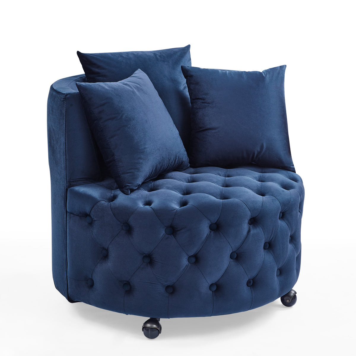 Velvet Upholstered Swivel Chair for Living Room, with Button Tufted Design and Movable Wheels, Including 3 Pillows, Blue W487124835-djyc