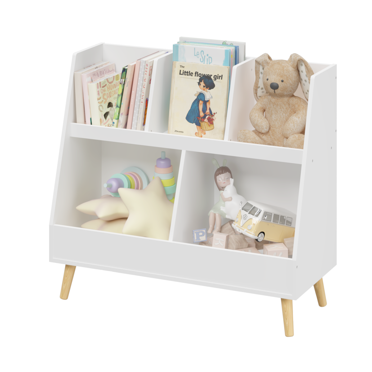 Kids Bookshelf and Toy Organizer, 5 Cubbies Wooden Open Bookcase, 2-Tier Baby Storage Display Organizer with Legs, Free Standing for Playing Room, Bedroom, Nursery, Classroom, White W808127563-djyc