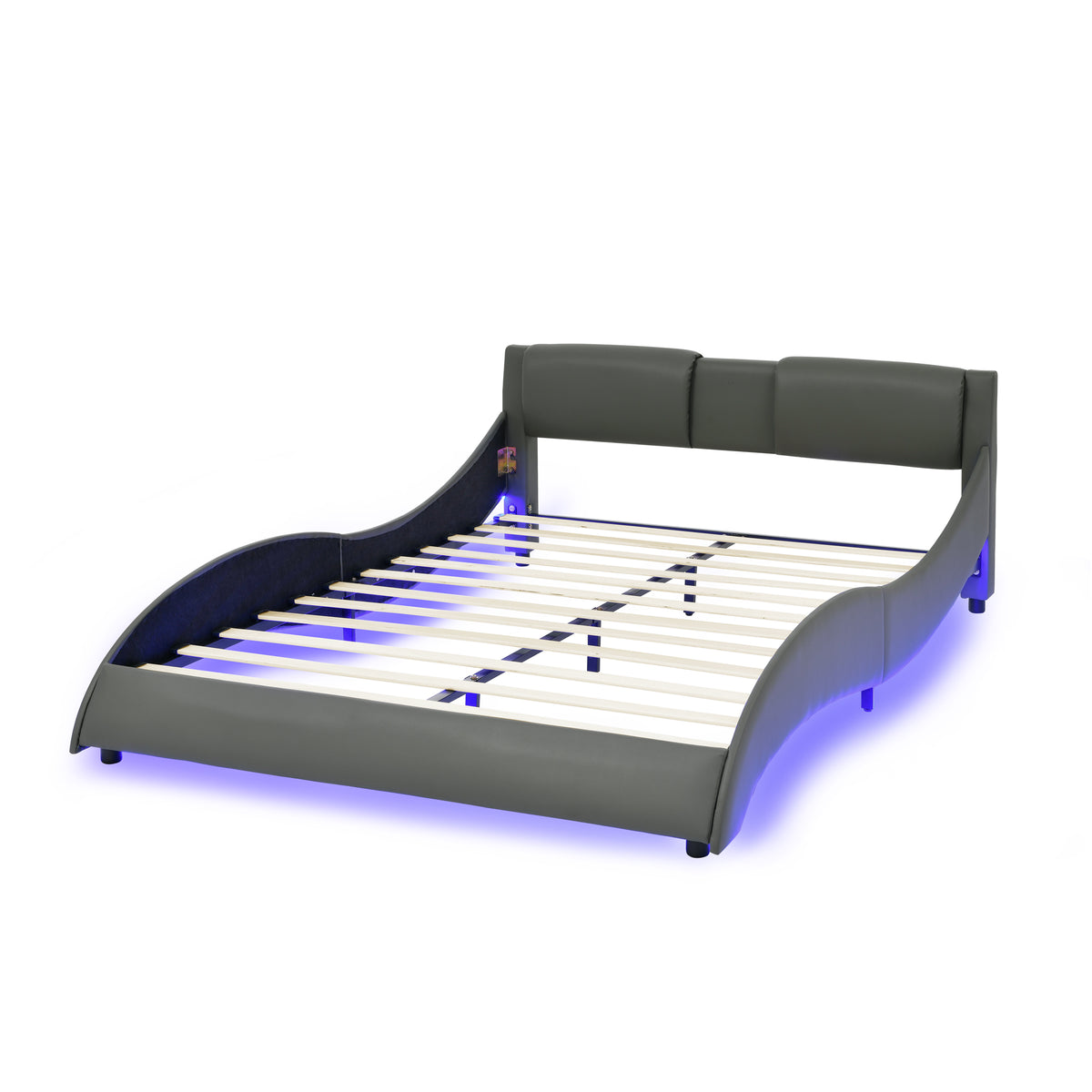 Queen Led Bed Frame Modern Faux Leather Upholstered Platform Bed Frame with RGB LED Lights and Headboard Wave Like Curve Low Profile Bed Frame,Wood Slats Support,Easy Assembly, Grey W487P169717-djyc