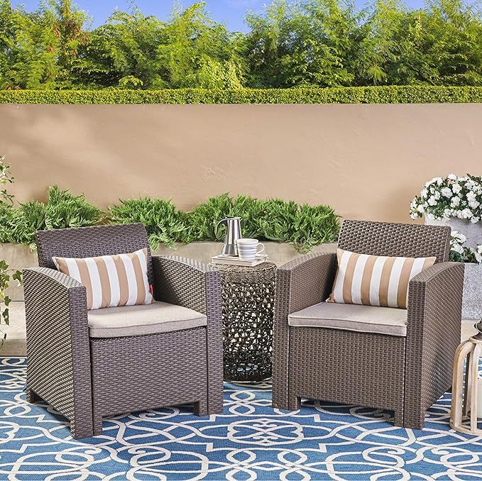 Set of 2 Outdoor Brown Faux Wicker Club Chairs with Beige Waterproof Cushions 61315.00BRN-2-djyc