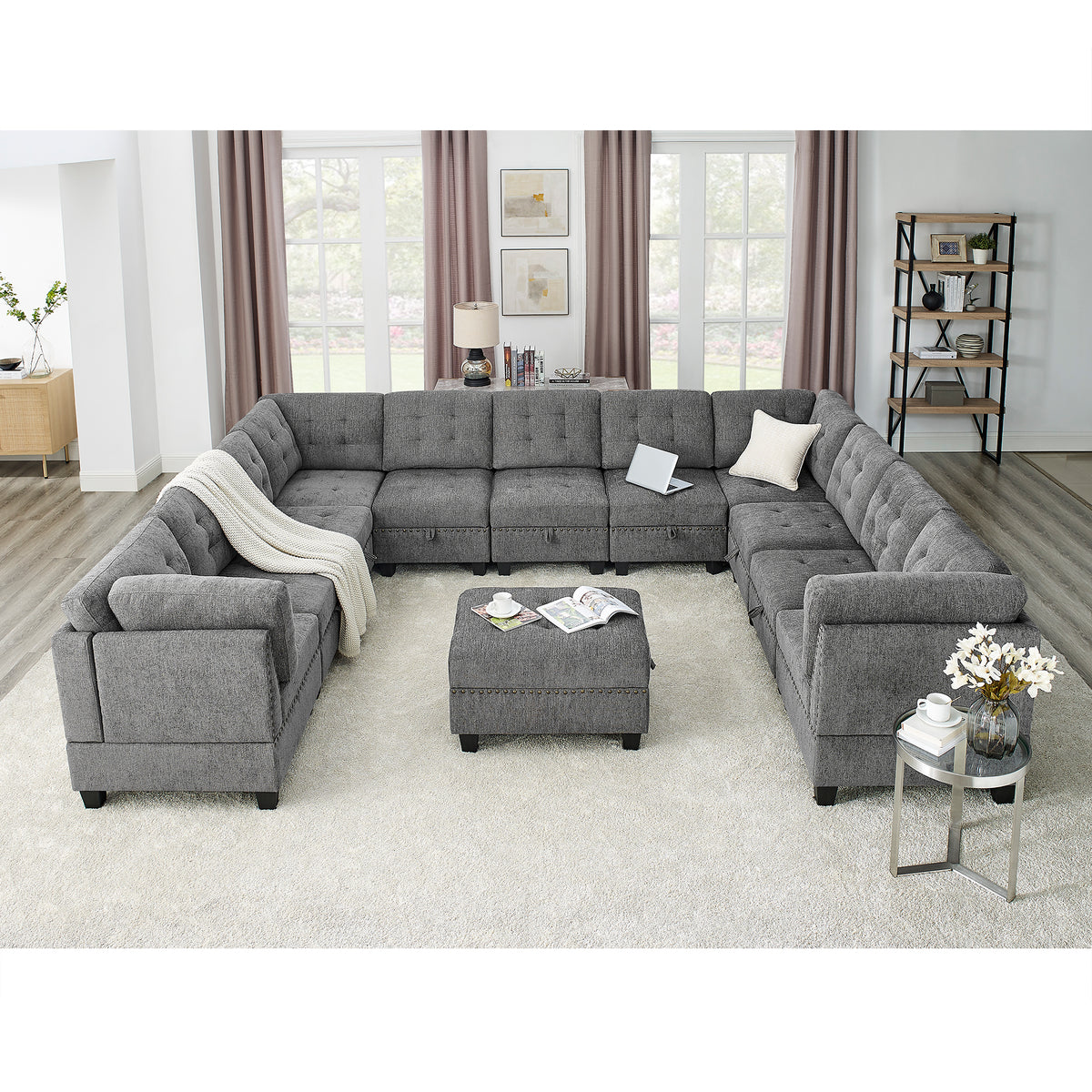 U shape Modular Sectional Sofa,DIY Combination,includes Seven Single Chair, Four Corner and One Ottoman,Grey W487S00203-djyc