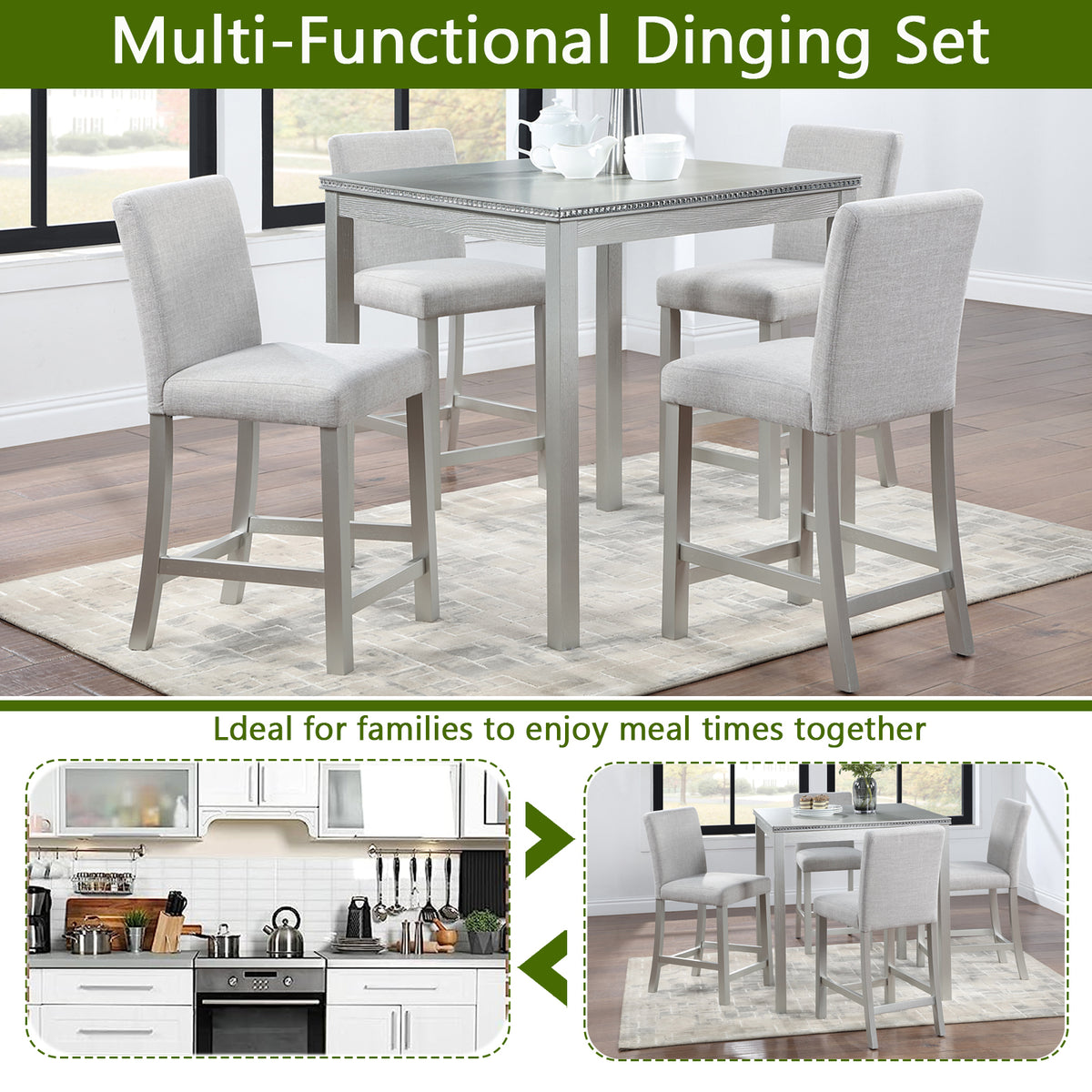 5 Piece Counter Height Table Set, Wooden Kitchen Table Set with Square Table and 4 Upholstered Chairs, Counter Height Dining Table with Crystal Decoration and Chair Set, Silver grey W1998S00039-djyc