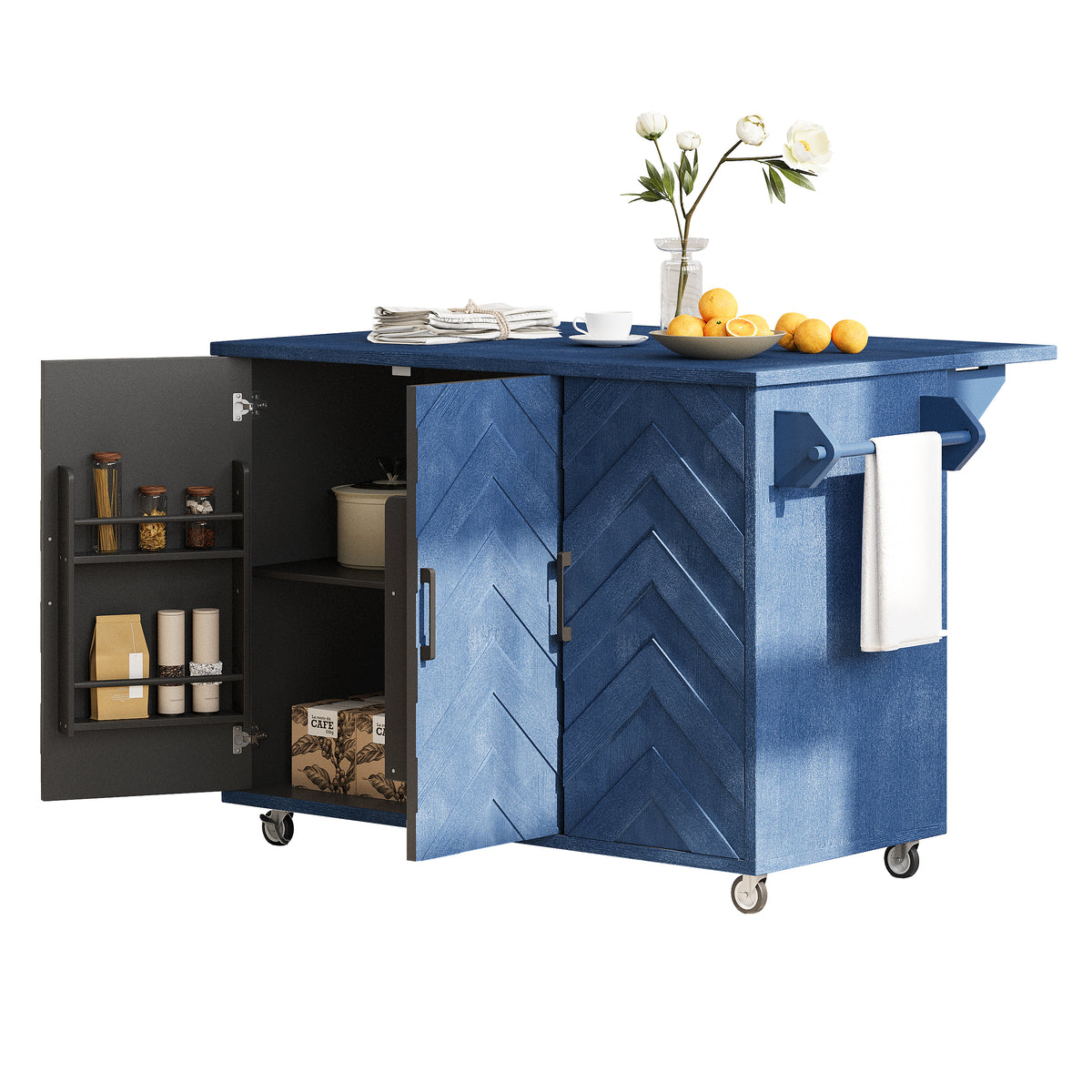 K&K 51.2"W 3D Wave Stripes Ash Veneer(Not Cheap Paper) Kitchen Island with Drop Leaf, Farmhouse Kitchen Island on Wheels with Internal Storage Rack, Rolling Kitchen Cart (Navy Blue) N707P207915E-djyc