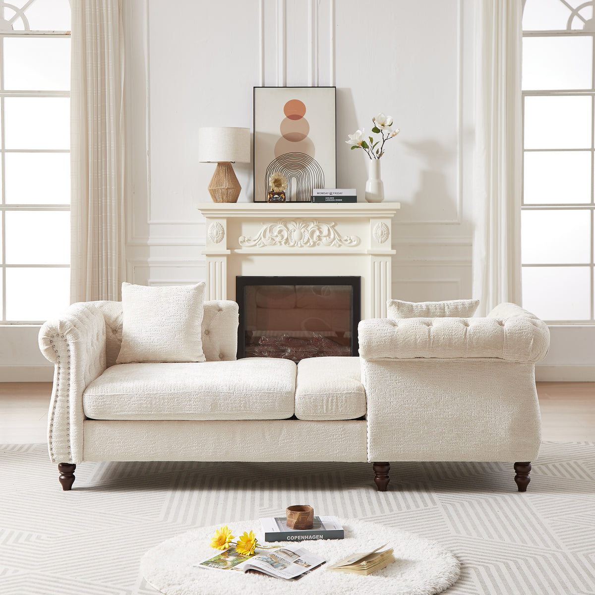 81-inch Chenille Face-to-face Chaise Lounge with Two Pillows,Nailhead trim,Button Tufted Design and Rolled Arms for Lounge, Living room and Office W834S00315-djyc