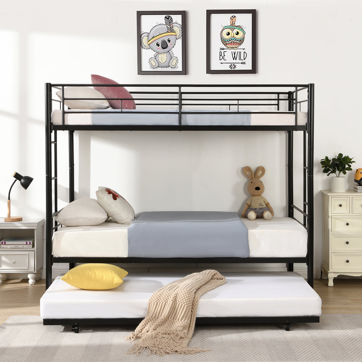 Over Twin Bunk Bed Frame with Trundle,Metal Bunkbed with Sturdy Guard Rail and 2 sideLadders for Kids/Adults,Can be Divided Into Two Beds, No Box Spring Needed, Noise Free for Dorm,Black W1916115338-djyc