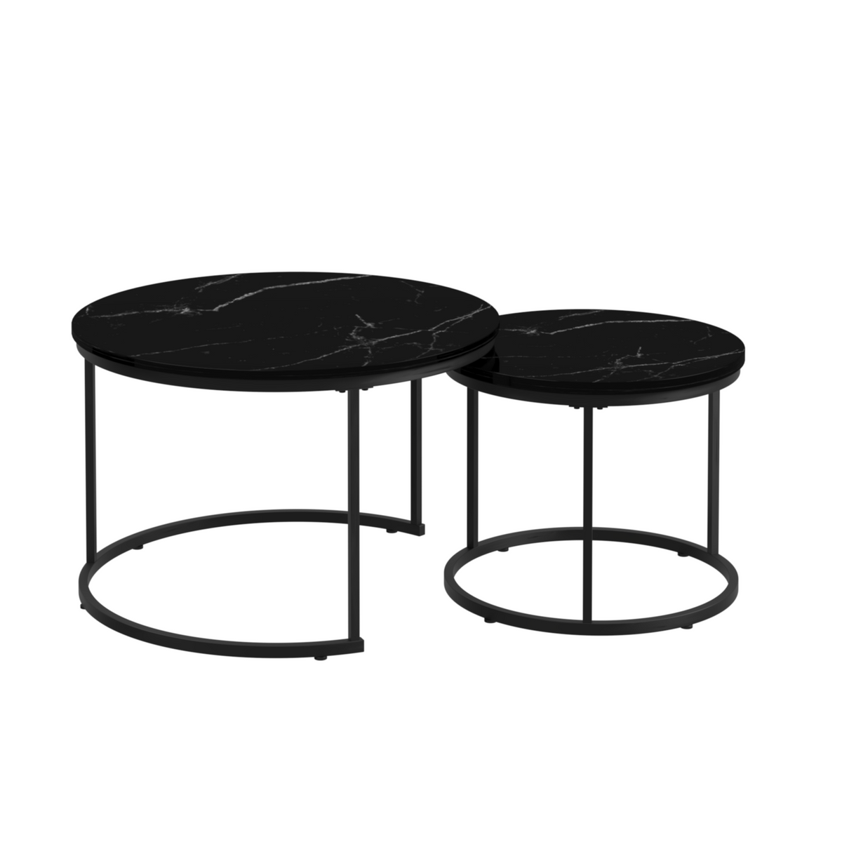 Nesting Coffee Table Set of 2, 27.6inch Round Coffee Table Wood Marble Pattern Top with Sturdy Metal Frame, End Table Side Tables for Living Room Bedroom Balcony Yard (Black) W808P176723-djyc