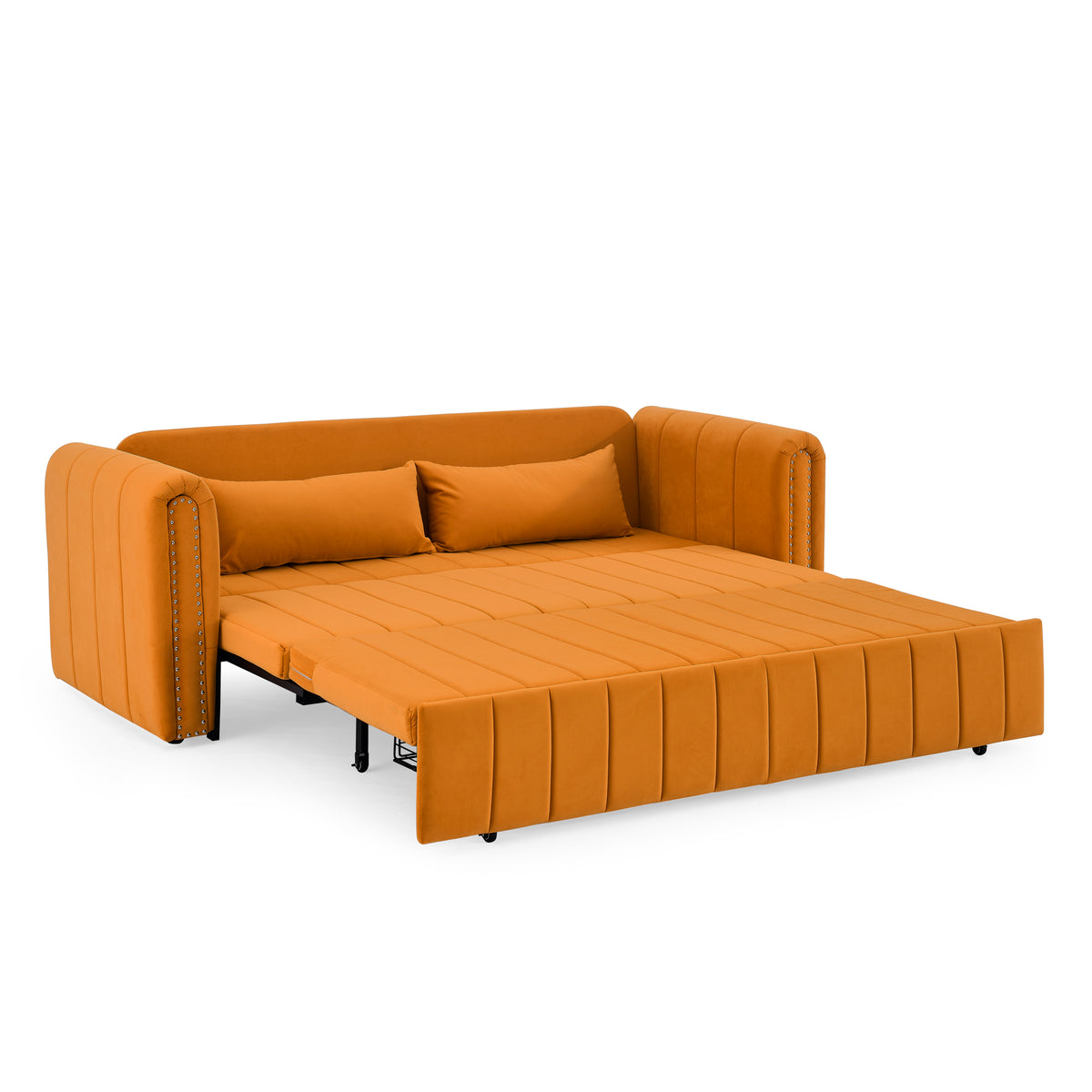 3 in 1 Pull-Out Bed Sleeper, Modern Upholstered 3 Seats Lounge Sofa & Couches with Rolled Arms Decorated with Copper Nails , Convertible Futon 3 Seats Sofabed with Two Drawers and Two Pillows W487S00214-djyc