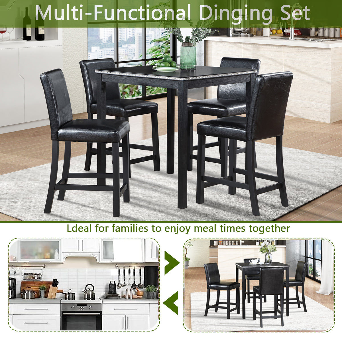 5 Piece Counter Height Table Set, Wooden Kitchen Table Set with Square Table and 4 Upholstered Chairs, Counter Height Dining Table with Crystal Decoration and Chair Set for Kitchen, Dining Room,Black W1998S00038-djyc