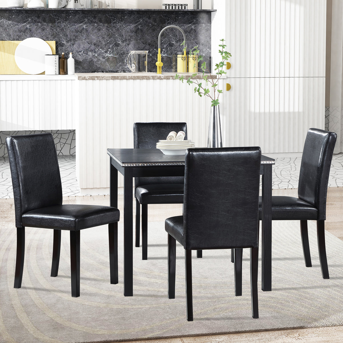 5 Piece Wooden Dining Table Set, Kitchen Table Set with a Square Table and 4 Upholstered Chairs, Wooden Dining Room Table with Crystal Decoration and Chairs Set for Kitchen, Dining Room, Black W1998S00041-djyc